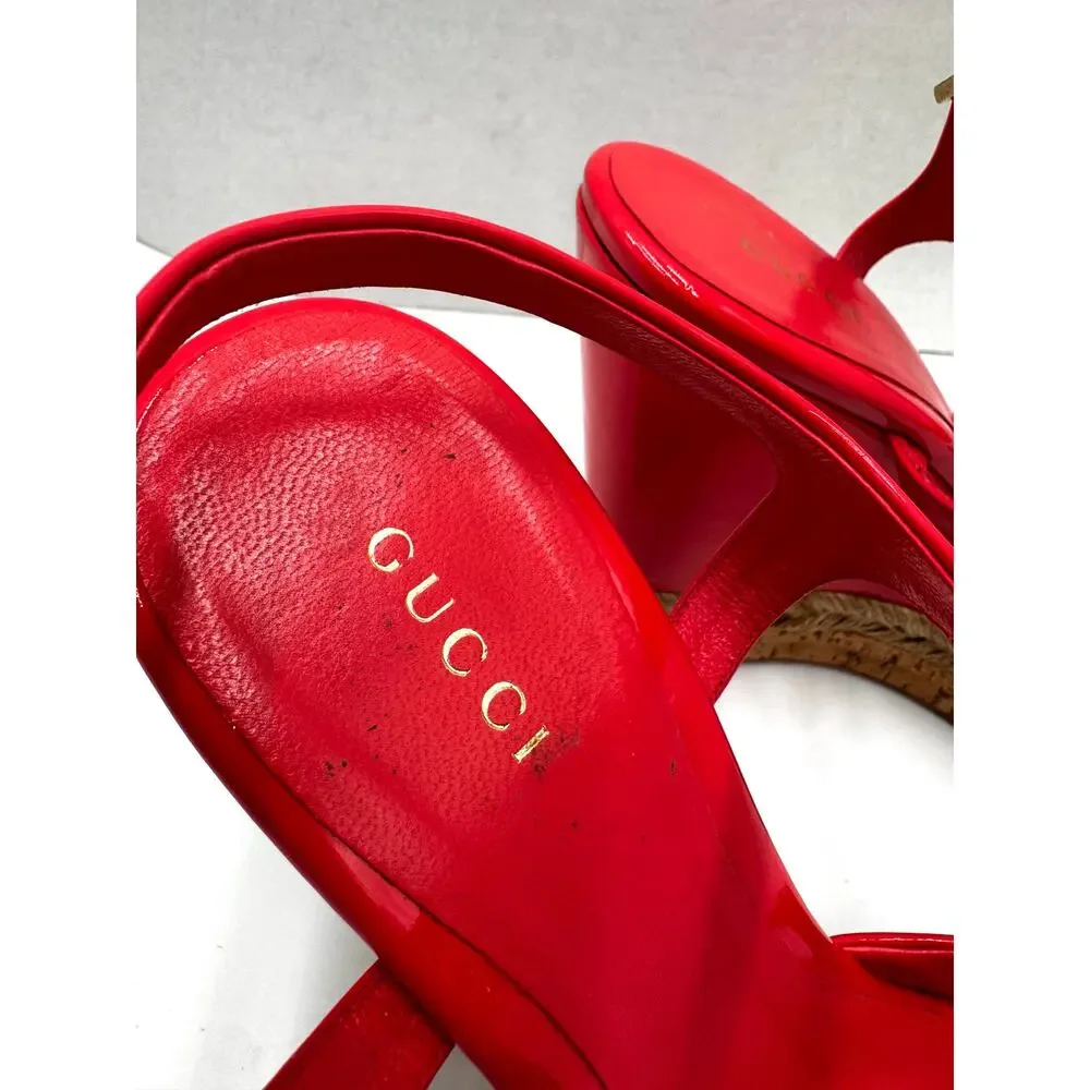 Gucci Holie Coral Red Patent Leather Platform Wedge Sandals Size EU 37